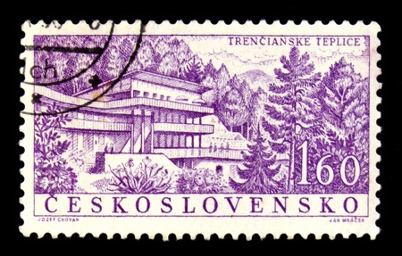 MOSCOW, RUSSIA - JUNE 20, 2017: A stamp printed in Czechoslovakia shows beautiful view of Trencianske Teplice (Trentschinteplitz) - a health resort and small spa town in western Slovakia, circa 1958のeditorial素材
