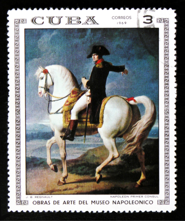 MOSCOW, RUSSIA - JUNE 26, 2017: A stamp printed in Cuba shows a painting "First Consul Napoleon" by Regnault, the series "Artworks of Napoleon Museum", circa 1969のeditorial素材