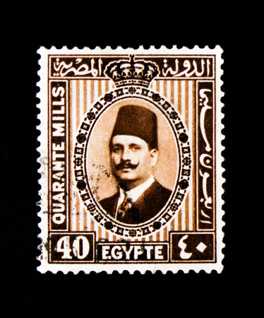 MOSCOW, RUSSIA - SEPTEMBER 3, 2017: A stamp printed in Egypt shows portrait of King Fuad I, serie, circa 1932のeditorial素材