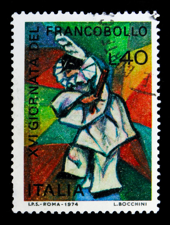 MOSCOW, RUSSIA - MAY 10, 2018: A stamp printed in Italy devoted to Stamp Day, serie, circa 1974のeditorial素材