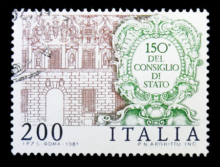 MOSCOW, RUSSIA - MAY 10, 2018: A stamp printed in Italy shows Council of State building, serie, circa 1981のeditorial素材