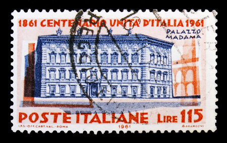 MOSCOW, RUSSIA - MAY 10, 2018: A stamp printed in Italy shows Palazzo Madama in Rome, Centenary of the unification of Italy serie, circa 1961のeditorial素材