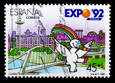 MOSCOW, RUSSIA - MAY 10, 2018: A stamp printed in Spain shows Expo 92 World's Fair, Expo Sevilla - 92 serie, circa 1990のeditorial素材
