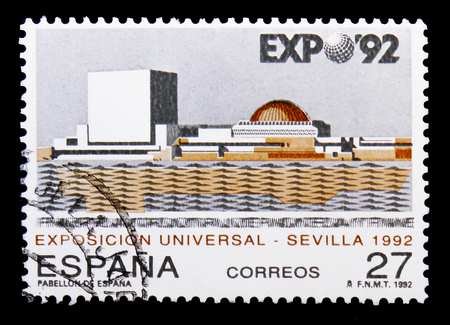MOSCOW, RUSSIA - MAY 10, 2018: A stamp printed in Spain shows Expo World's Fair, Expo Sevilla - 92 serie, circa 1992のeditorial素材