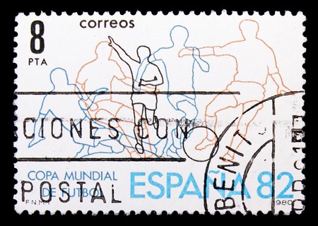 MOSCOW, RUSSIA - MAY 10, 2018: A stamp printed in Spain shows Football World Cup Spain -82, serie, circa 1982のeditorial素材