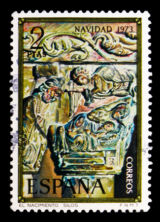 MOSCOW, RUSSIA - MAY 10, 2018: A stamp printed in Spain shows Nativity, Christmas serie, circa 1973のeditorial素材