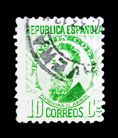 MOSCOW, RUSSIA - MAY 10, 2018: A stamp printed in Spain shows Joaquin Costa y Martinez, Famous people serie, circa 1932のeditorial素材