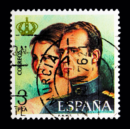 MOSCOW, RUSSIA - MAY 10, 2018: A stamp printed in Spain devotedt to Proclamation of King Juan Carlos I, serie, circa 1975のeditorial素材