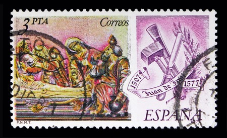 MOSCOW, RUSSIA - MAY 10, 2018: A stamp printed in Spain shows Juan de Juni, Sculptors and painters...