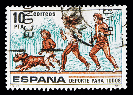MOSCOW, RUSSIA - MAY 10, 2018: A stamp printed in Spain shows Sport for all. Running, serie, Sports circa 1979のeditorial素材