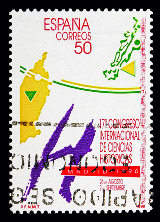 MOSCOW, RUSSIA - MAY 10, 2018: A stamp printed in Spain devoted to International Congress of Historical Sciences, Congress serie, circa 1990のeditorial素材