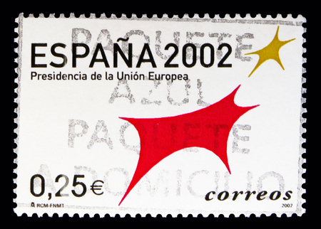 MOSCOW, RUSSIA - MAY 10, 2018: A stamp printed in Spain shows European Union Presidency. Spain 2002, serie, circa 2002のeditorial素材