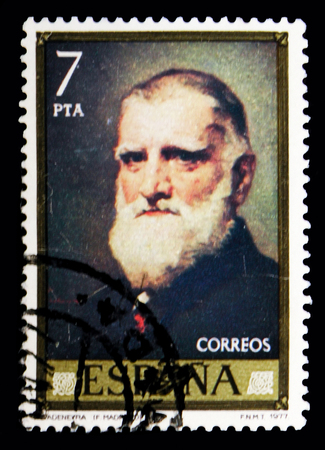 MOSCOW, RUSSIA - MAY 10, 2018: A stamp printed in Spain shows Federico Madrazo, Painters serie, circa 1977のeditorial素材