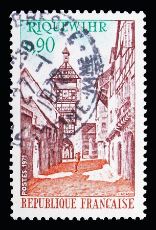 MOSCOW, RUSSIA - MAY 10, 2018: A stamp printed in France shows Riquewihr, Tourism serie, circa 1971のeditorial素材
