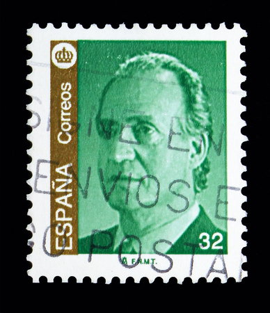MOSCOW, RUSSIA - MAY 10, 2018: A stamp printed in Spain shows King Juan Carlos I, serie, circa 1997のeditorial素材