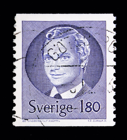MOSCOW, RUSSIA - MAY 10, 2018: A stamp printed in Sweden shows King Carl XVI Gustaf, serie, circa...