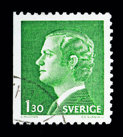 MOSCOW, RUSSIA - MAY 10, 2018: A stamp printed in Sweden shows King Carl XVI Gustaf, serie, circa 1978のeditorial素材
