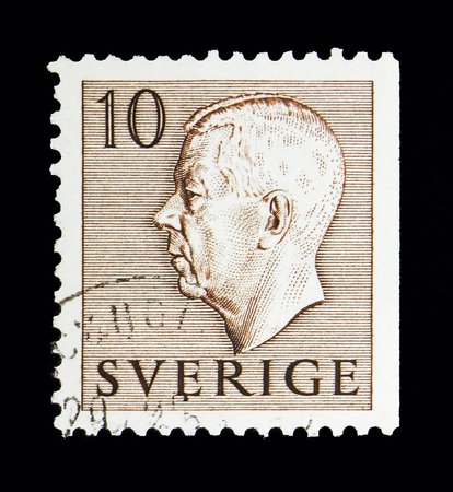MOSCOW, RUSSIA - MAY 10, 2018: A stamp printed in Sweden shows King Gustaf VI Adolf, serie, circa...