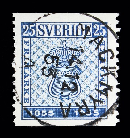 MOSCOW, RUSSIA - MAY 10, 2018: A stamp printed in Sweden shows First Swedish postage stamp design, Stamp Jubilee serie, circa 1955のeditorial素材