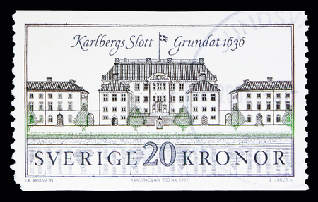MOSCOW, RUSSIA - MAY 10, 2018: A stamp printed in Sweden shows Karlberg Palace, Palace Definitives serie, circa 1992のeditorial素材
