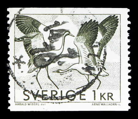MOSCOW, RUSSIA - MAY 10, 2018: A stamp printed in Sweden shows Common Crane (Grus grus), Definitives serie, circa 1968のeditorial素材
