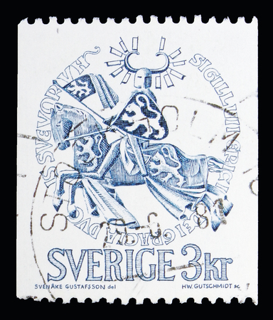 MOSCOW, RUSSIA - MAY 10, 2018: A stamp printed in Sweden shows Seal of Duke Erik Magnusson, Seals serie, circa 1976のeditorial素材