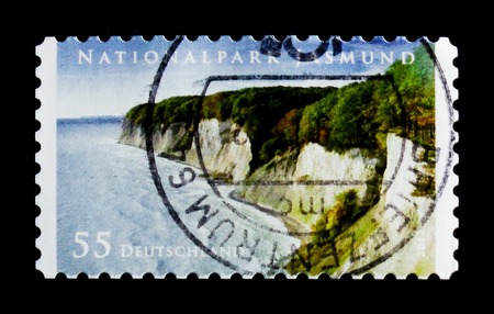 MOSCOW, RUSSIA - OCTOBER 21, 2017: A stamp printed in German Federal Republic shows Jasmund National Park, National Parks and Nature Reserves serie, circa 2012のeditorial素材