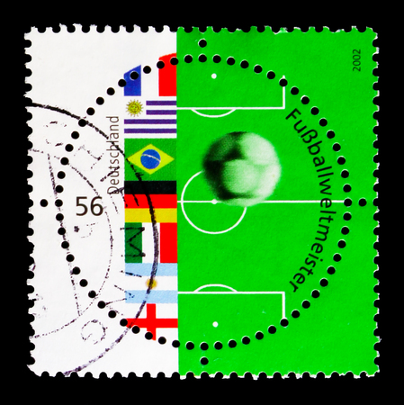 MOSCOW, RUSSIA - OCTOBER 21, 2017: A stamp printed in German Federal Republic shows WC Football, World Cup Football Champions serie, circa 2002のeditorial素材