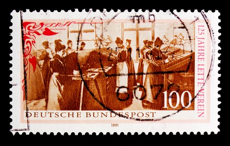 MOSCOW, RUSSIA - OCTOBER 3, 2017: A stamp printed in Germany Federal Republic shows Lette Association, 125th Anniversary of Lette Foundation serie, circa 1991のeditorial素材