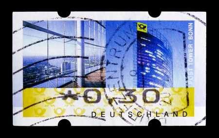 MOSCOW, RUSSIA - OCTOBER 21, 2017: A stamp printed in German Federal republic shows Post Tower, Bonn, ATM Labels serie, circa 2008のeditorial素材