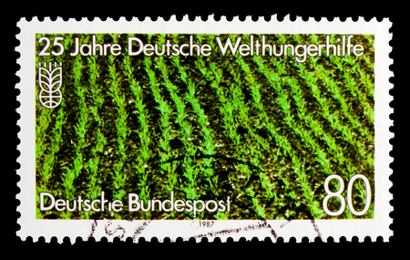 MOSCOW, RUSSIA - OCTOBER 3, 2017: A stamp printed in Germany Federal Republic shows 25 years German World Hunger Aid, serie, circa 1987のeditorial素材