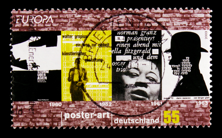 MOSCOW, RUSSIA - OCTOBER 21, 2017: A stamp printed in German Federal Republic shows C.E.P.T poster art, serie, circa 2003のeditorial素材