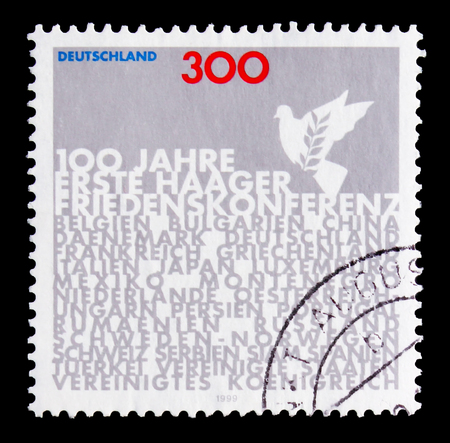 MOSCOW, RUSSIA - OCTOBER 21, 2017: A stamp printed in Germany Federal Republic devoted to First peace conference, Centenary of First Peace Conference, The Hague serie, circa 1999のeditorial素材