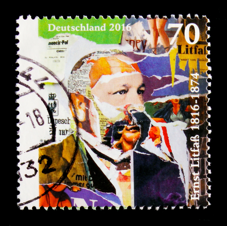 MOSCOW, RUSSIA - OCTOBER 21, 2017: A stamp printed in German Federal Republic shows portrait of Ernst LitfaÃ, 200th Anniversary of the Birth serie, circa 2016のeditorial素材