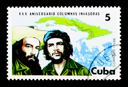 MOSCOW, RUSSIA - NOVEMBER 25, 2017: A stamp printed in Cuba shows Map of Cuba, Fidel and Cienfuegos, Revolutionary Invasion Forces, 30th anniv serie, circa 1988のeditorial素材