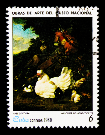 MOSCOW, RUSSIA - NOVEMBER 25, 2017: A stamp printed in Cuba shows Melchior de Hondecoeter, "Poultry", Paintings from the National Museum serie, circa 1980のeditorial素材