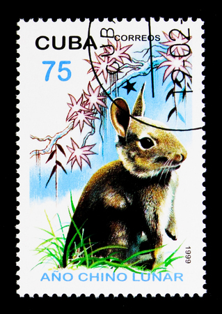 MOSCOW, RUSSIA - NOVEMBER 25, 2017: A stamp printed in Cuba shows Domestic Rabbit (Oryctolagus cuniculus domesticus), Year of the Rabbit serie, circa 1999のeditorial素材
