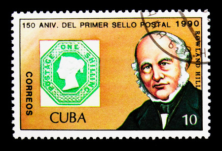 MOSCOW, RUSSIA - NOVEMBER 25, 2017: A stamp printed in Cuba shows Portrait of Sir Rowland Hill and stamps of GB, Postage Stamp - 150th Anniversaryserie, circa 1990のeditorial素材