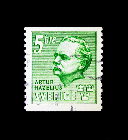 MOSCOW, RUSSIA - NOVEMBER 24, 2017: A stamp printed in Sweden shows Artur Hazelius, serie, circa 1941のeditorial素材