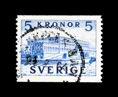 MOSCOW, RUSSIA - NOVEMBER 24, 2017: A stamp printed in Sweden shows The Royal Palace, Stockholm, serie, circa 1958のeditorial素材