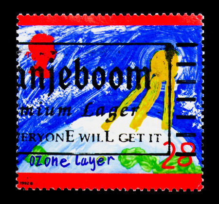 MOSCOW, RUSSIA - NOVEMBER 24, 2017: A stamp printed in Great Britain shows Ozone Layer, 
Protection of the Environment serie, circa 1992のeditorial素材