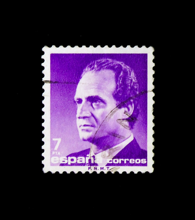 MOSCOW, RUSSIA - NOVEMBER 24, 2017: A stamp printed in Spain shows King Juan Carlos I, serie, circa 1985のeditorial素材
