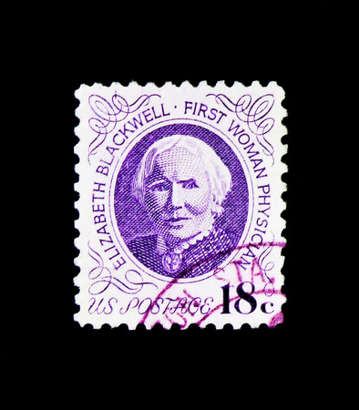 MOSCOW, RUSSIA - NOVEMBER 24, 2017: A stamp printed in USA shows Doctor Elizabeth Blackwell, 1970-1974 Regular Issue serie, circa 1974のeditorial素材
