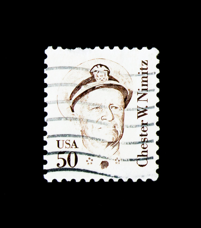MOSCOW, RUSSIA - NOVEMBER 24, 2017: A stamp printed in USA shows Chester William Nimitz, serie,...