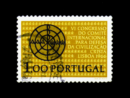 MOSCOW, RUSSIA - NOVEMBER 24, 2017: A stamp printed in Portugal shows Christ Monogramm, Defense of Christian Civilization serie, circa 1966のeditorial素材