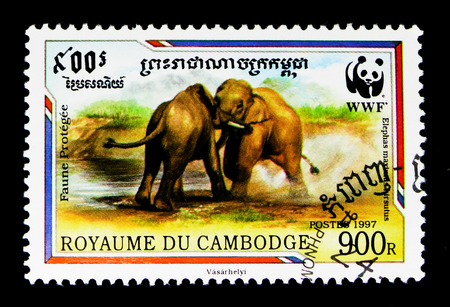 MOSCOW, RUSSIA - NOVEMBER 24, 2017: A stamp printed in Cambodia shows Malaysian Elephant (Elephas maximus hirsutus), WWF - Malaya Elephant serie, circa 1997のeditorial素材