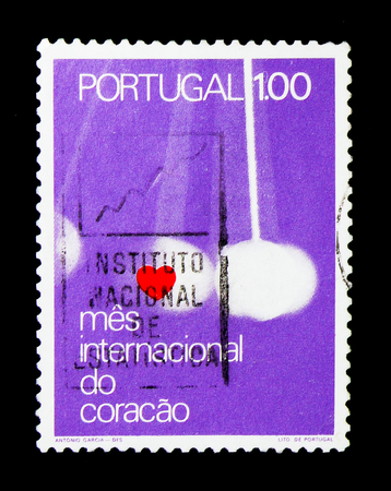 MOSCOW, RUSSIA - NOVEMBER 24, 2017: A stamp printed in Portugal shows Heart and Pendular Movement, International Heart Month serie, circa 1972のeditorial素材