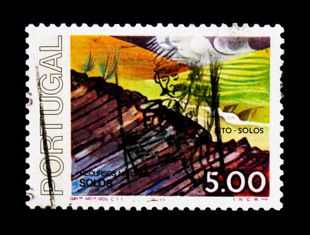 MOSCOW, RUSSIA - NOVEMBER 24, 2017: A stamp printed in Portugal shows Bodemsoorten, Soils - Cycle of Natural Resourcesserie, circa 1978のeditorial素材