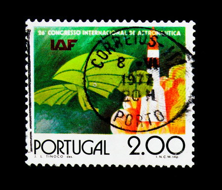 MOSCOW, RUSSIA - NOVEMBER 24, 2017: A stamp printed in Portugal devoted to 26th Congress of the International Astronautical Federation, serie, circa 1976のeditorial素材