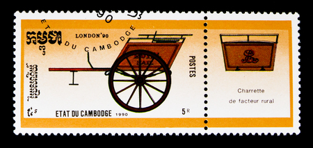 MOSCOW, RUSSIA - NOVEMBER 24, 2017: A stamp printed in Cambodia shows Post coach, Stampworld London serie, circa 1990のeditorial素材